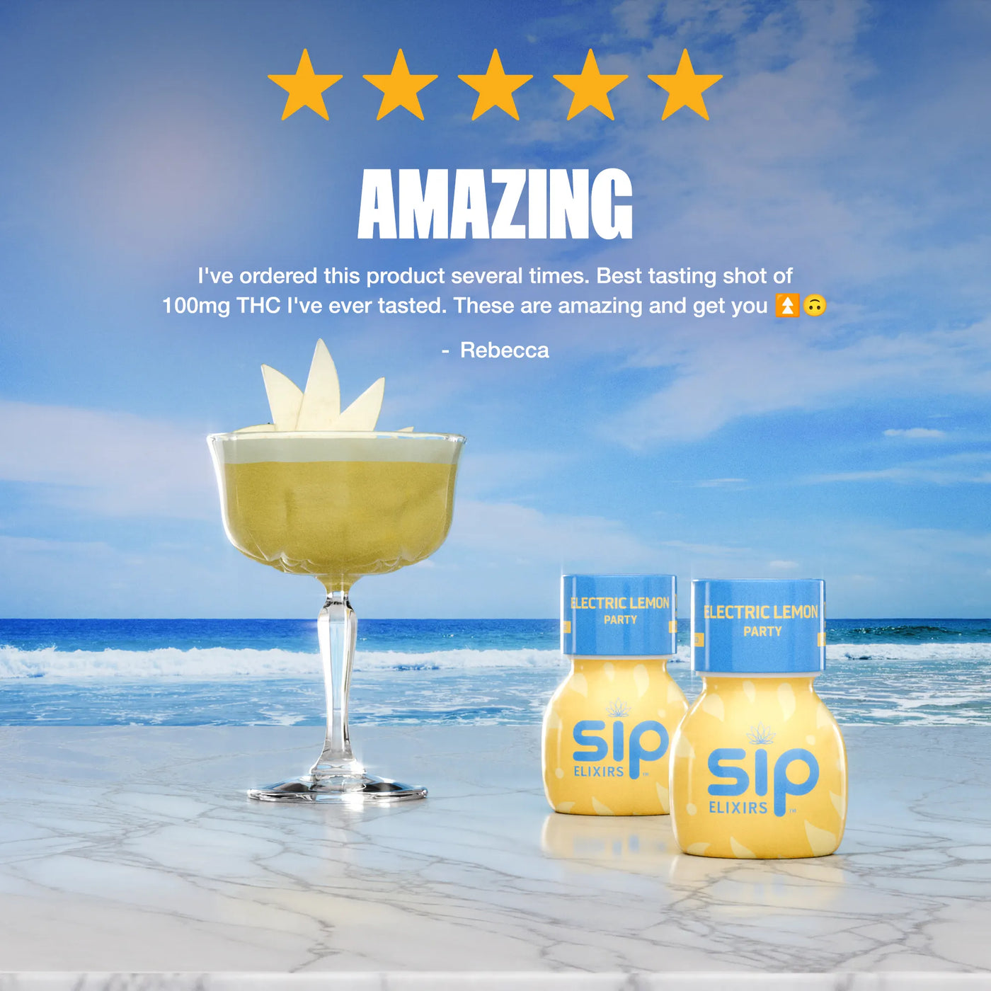 Two bottles of 'SIP Elixirs' on a beach with a cocktail and five-star rating text.