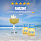 Two bottles of 'SIP Elixirs' on a beach with a cocktail and five-star rating text.