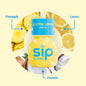Sip Elixirs bottle with pineapple, lemon, and coconut elements on a yellow background