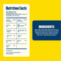 Nutrition facts and ingredients label on a yellow background